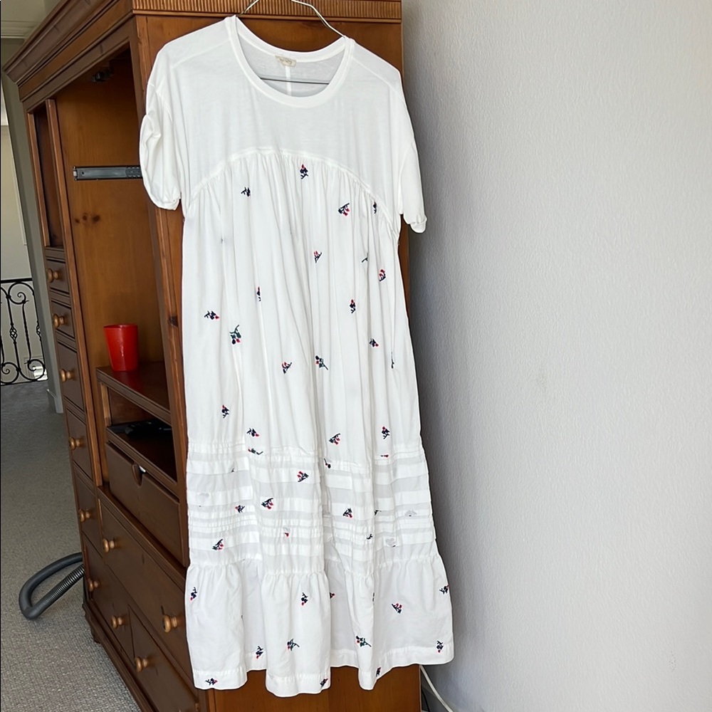 Anthropologie White and Blue Tiered Sundress with Crew Neck